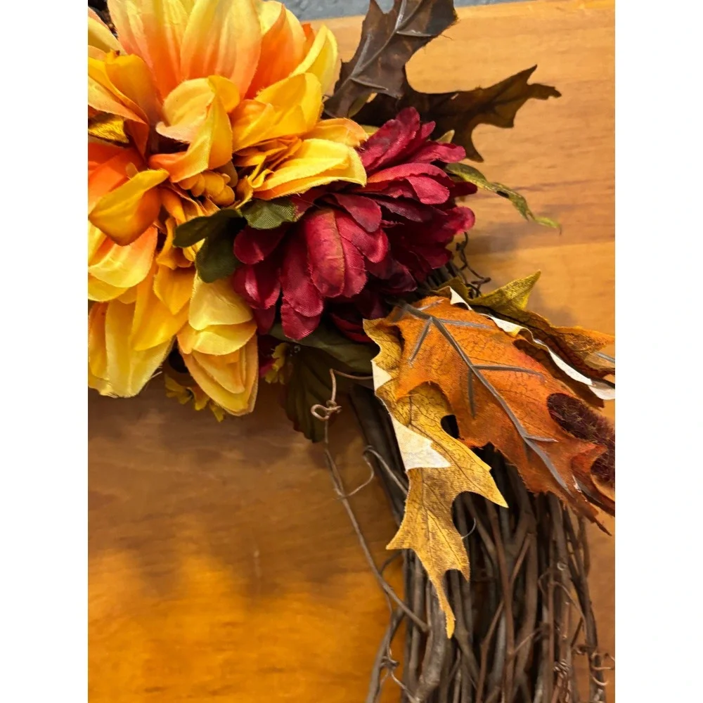 Fall Grapevine Wreath Faux Sunflower Dahlia Autumn Door Decor 18 Inch Rustic